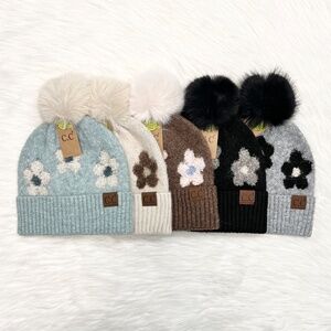 C.C Recycled Yarn Heather Floral Pom Adults, Flower Winter Beanie, Holiday Gift